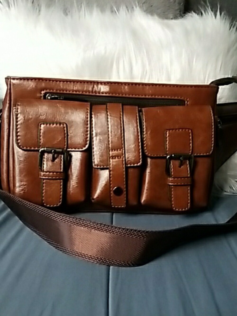 Brown Leather Belt Bag with Front Buckle Pockets